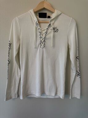 Harley-Davidson Y2K Skull Studded Lace Up Hoodie Waffle Knit Cream Size S